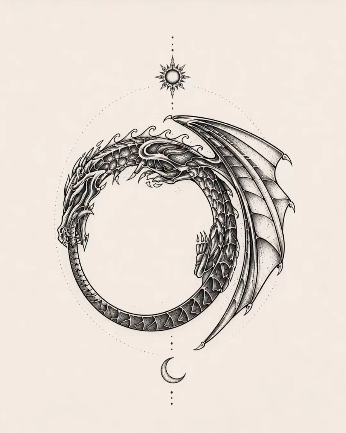 An illustrated dragon forming an Ouroboros between the sun and moon
