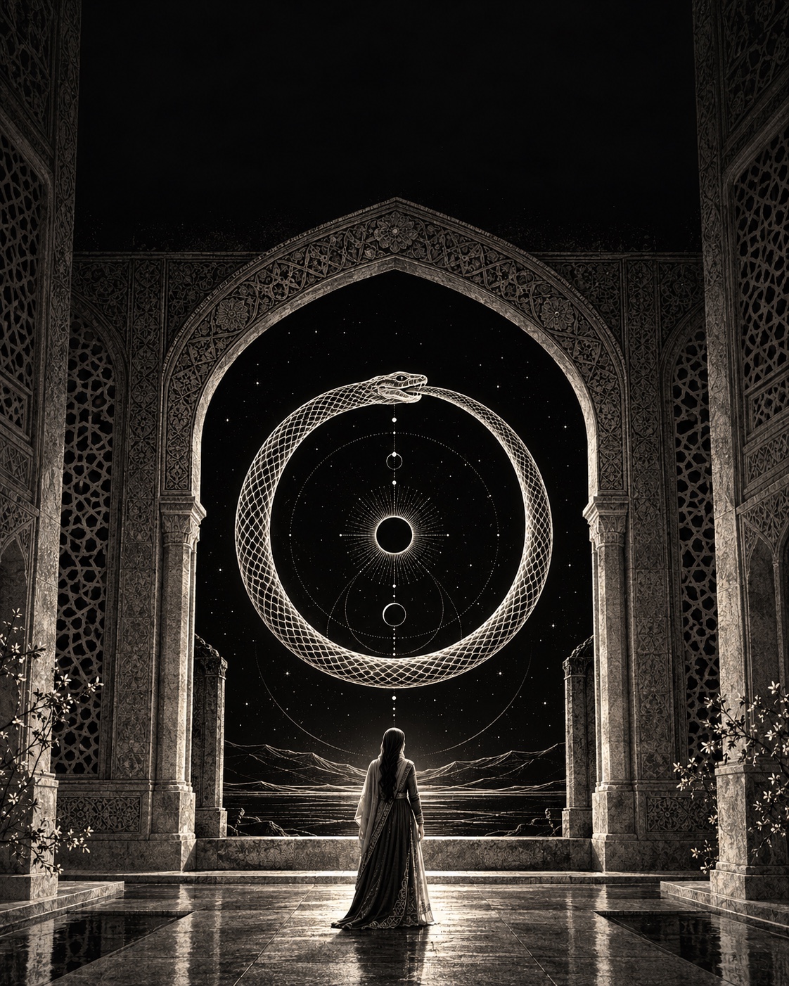 A woman beneath an ornate arch looking toward an illuminated Ouroboros in a night sky